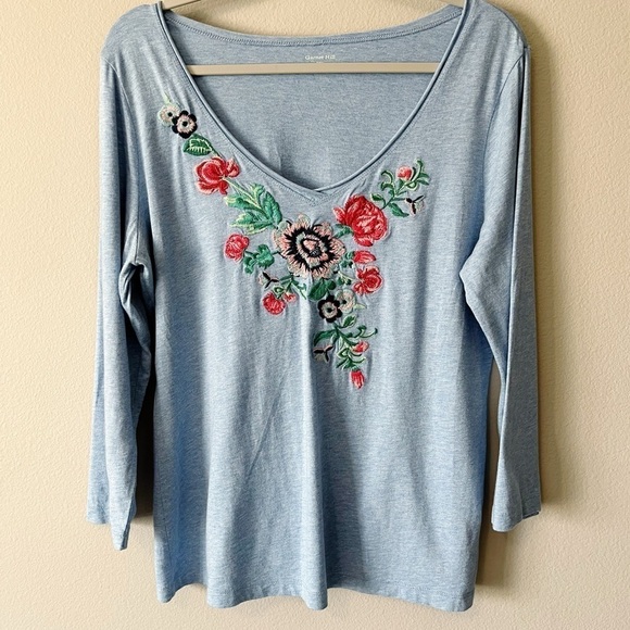 Garnet Hill Women’s Floral Embroidered V-Neck 3/4 Sleeve Tee Light Blue Large - Picture 1 of 9